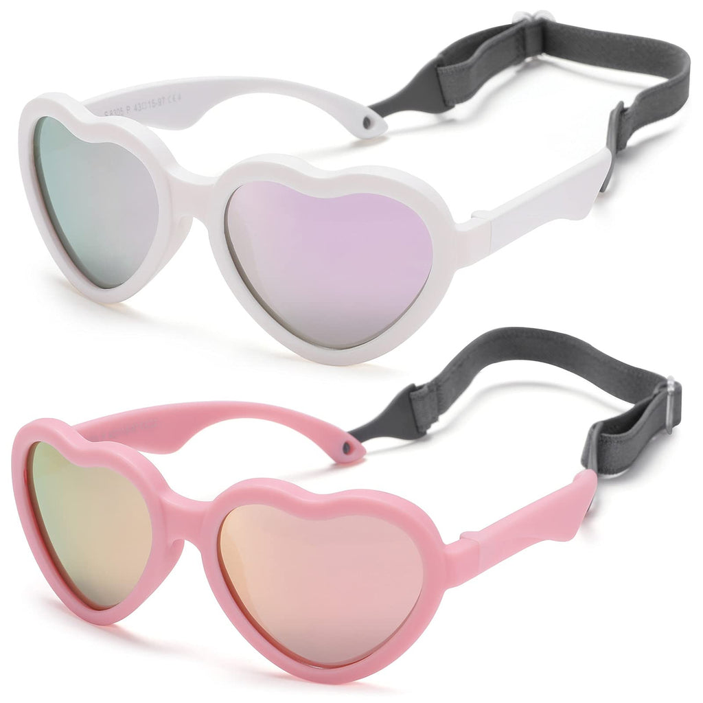 [Australia] - Flexible Heart Shaped Baby Polarized Sunglasses with Strap Adjustable Toddler & Infant Age 0-24 Months A1* (White/Purple Mirrored + Pink/Pink Mirrored) - 2 Pack 40 Millimeters 