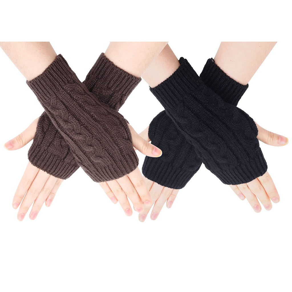 [Australia] - SOCKFUN 2 Pairs Winter Gloves for Women Warm Knit Fingerlss Gloves for Cold Weather, Thumbhole Hand Arm Warmers Mittens Black Darkgrey Cable 