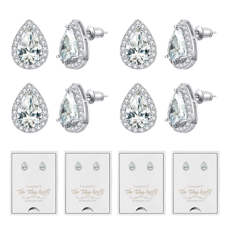 [Australia] - DHQH 4/6 Pairs Bridesmaids Earrings Classic Cubic Zirconia Teardrop Stud Earrings for Women Girls I Couldn’t Tie a Knot Without You Brides Bridesmaids Proposal Wedding Jewelry Gifts B-silver(set of 4) 