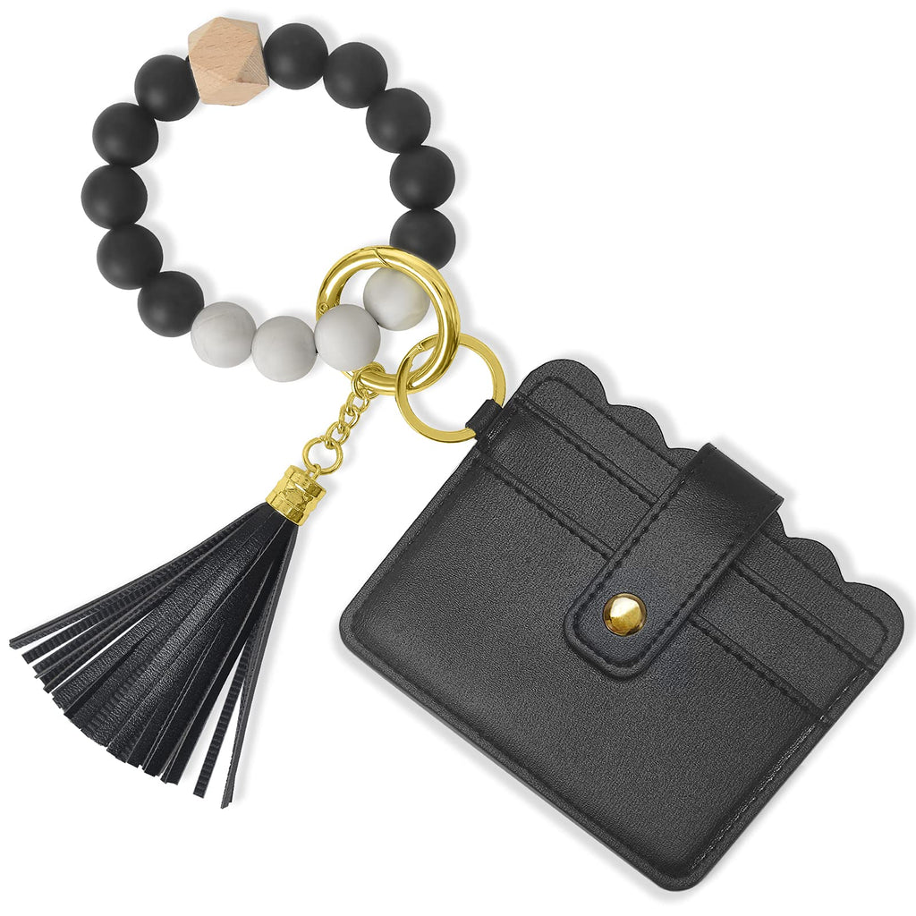 [Australia] - Wristlet Keychain Bracelet Wallet, YUOROS Wrist Car Key Rings with Tassel Bangle Card Holder #1 Wallet-black 
