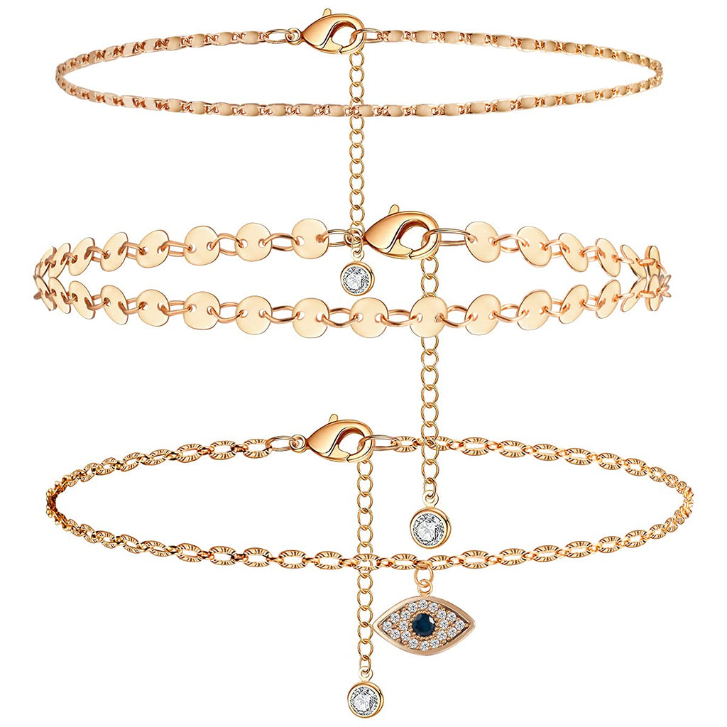 [Australia] - Gold Anklet for Women 14K Real Gold Silver Plated Anklet Evil Eye Anklet Cubic Zirconia Diamond Anklets Rhinestone Anklet Dainty Flower Layered Anklet Set 3pcs Rose Gold Evil Eye 