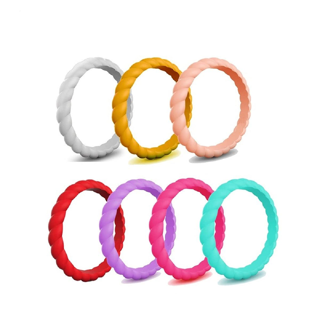 [Australia] - 7 Pack Silicone Wedding Rings For Women, Girl, Teen, Kid, Thin Wedding Bands, Ergonomic, Hypoallergenic, Breathable Design, Rubber, Fashion, Colorful, Comfortable, Fit, Skin Safe, Unique and Beautiful Rings, Beige, Crimson Color, 3mm Wide - 2mm Thick 