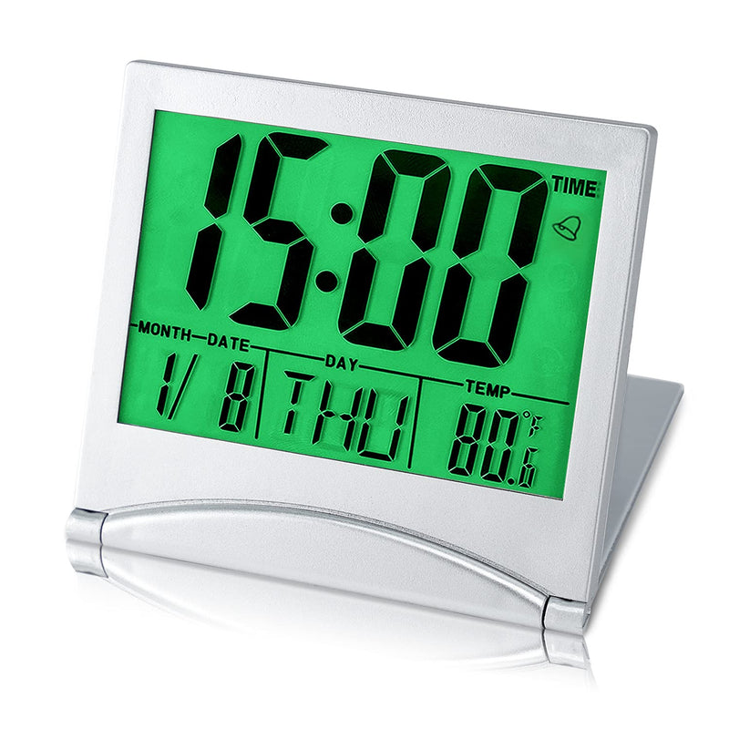 [Australia] - KANBIT Small Digital Travel Alarm Clock Battery Operated, Portable LCD Large Display Alarm Clock with Backlight, Temperature Desk Clock -Silver(Green Light) 