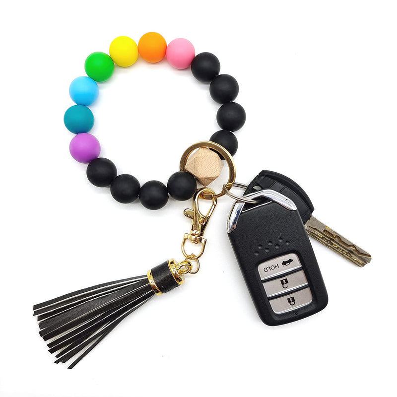 [Australia] - Silicone Keychain Bracelet for Women Beaded Keyring Wristlet House Car Keys Ring Holder with Gift Box A - Rainbow 