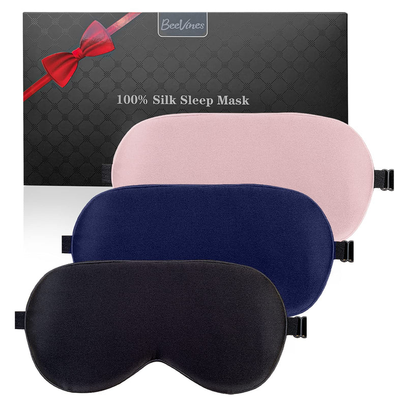 [Australia] - Silk Sleep Mask, 3 Pack 100% Real Natural Pure Silk Eye Mask with Adjustable Strap, Eye Mask for Sleeping, BeeVines Eye Sleep Shade Cover, Blocks Light Reduces Puffy Eyes Gifts Black & Pink & Blue 