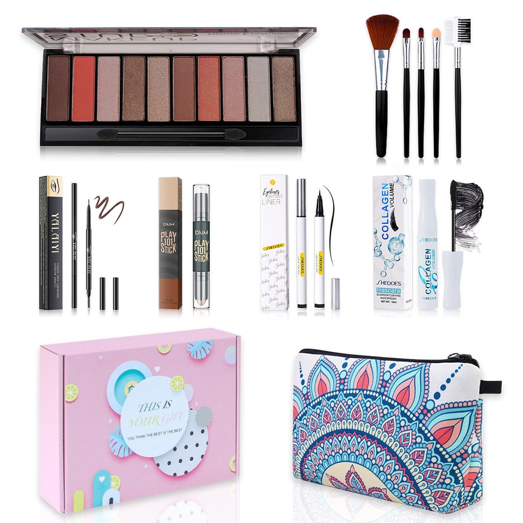 [Australia] - Makeup Kit For Women Full Kit - Includes 10 Colors Eyeshadow Palette, 5PCS Makeup Brush Set, Black Eyeliner & Mascara, Slim Eyebrow Pencil, Contour Stick With Cosmetic Bag All-in-One Makeup Gift Set Pink Gift Box 