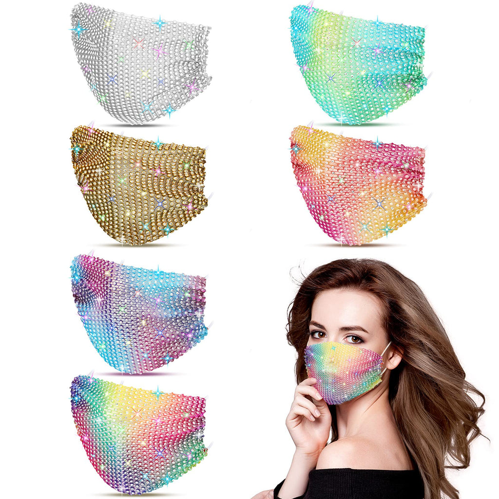 [Australia] - 6 Pieces Rhinestone Mesh Masquerade Sparkly Crystal Mesh Face Covers Glittery Face Covering for Women Girls Party Jewelry Gold, Sliver, Blue-purple, Yellow-pink, Rainbow, Blue-green 