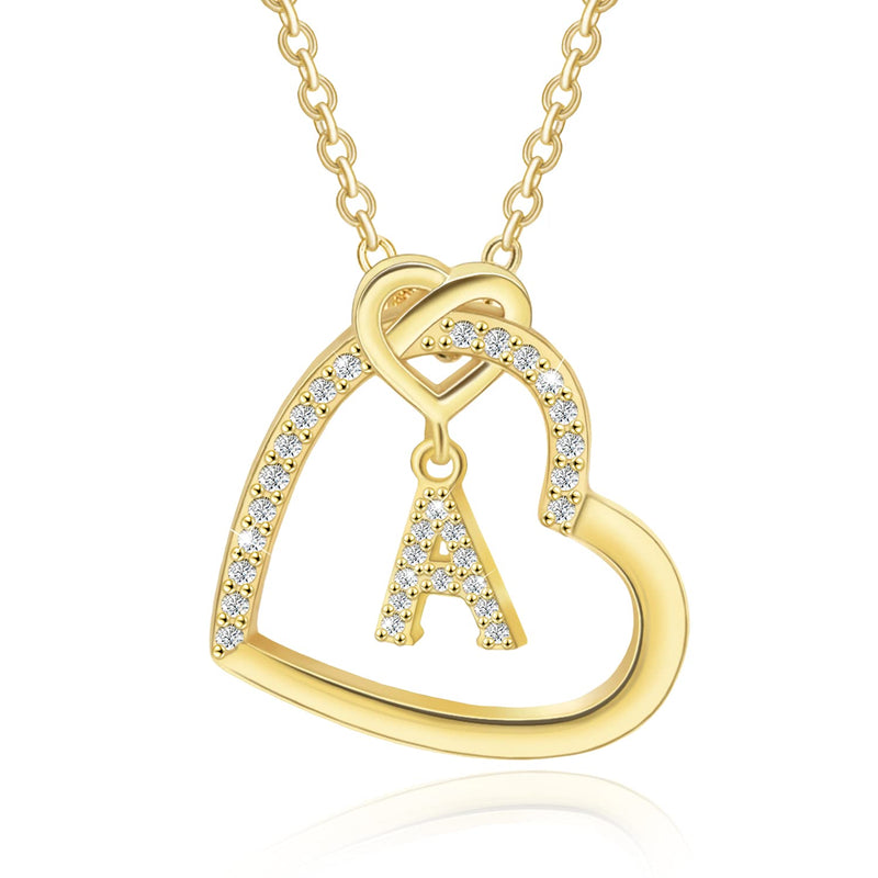 [Australia] - Heart Initial Necklace for Women, 14K Gold Plated Initial Necklace, Sterling Silver Initial Pendant Necklace, Cubic Zirconia Initial Necklace, Adjustable Letter Charm Necklace for Girls A 