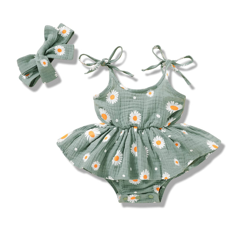 [Australia] - Newborn Girl Clothes Baby Strap Daisy Romper Bodysuit with Headband Infant Summer Jumpsuit Green 0-3 Months 