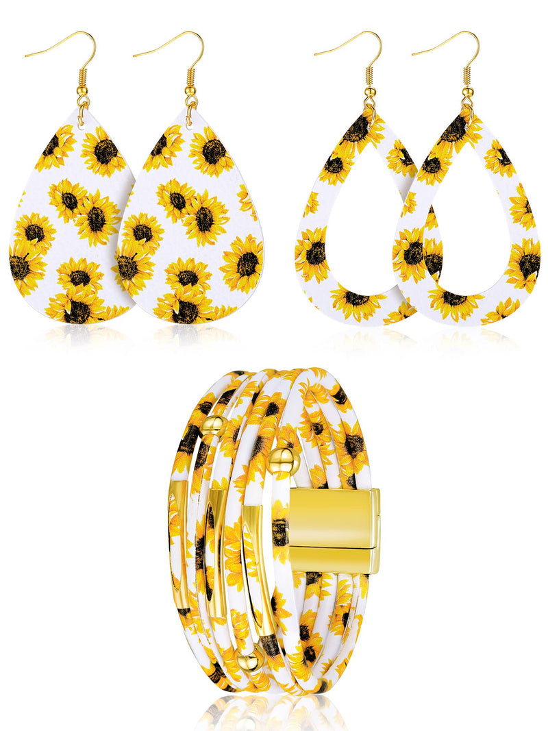 [Australia] - 3 Pieces Women Sunflower Print Jewelry Set, Includes 2 Pairs Faux Leather Teardrop Dangle Earrings, Sunflower Multilayer Bracelet (White) White 