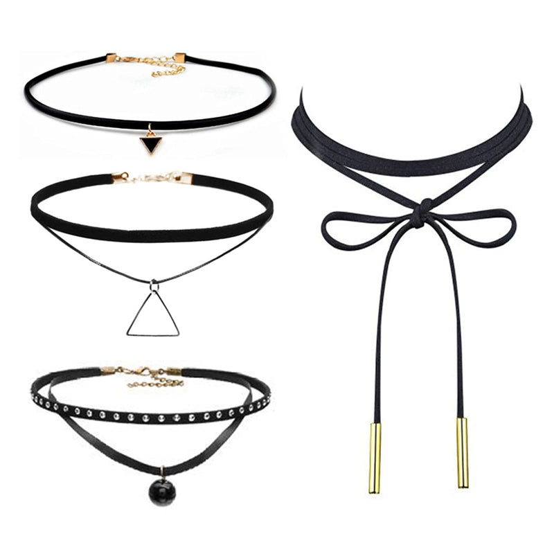 [Australia] - 4/6/12Pcs Choker Necklace Set, Simple Colored Black Lace Gothic Collar Necklace, Stretch Elastic Clavicle Accessory for Women Girls Jewelry Gift, Summer Beach Party Vacation-4 