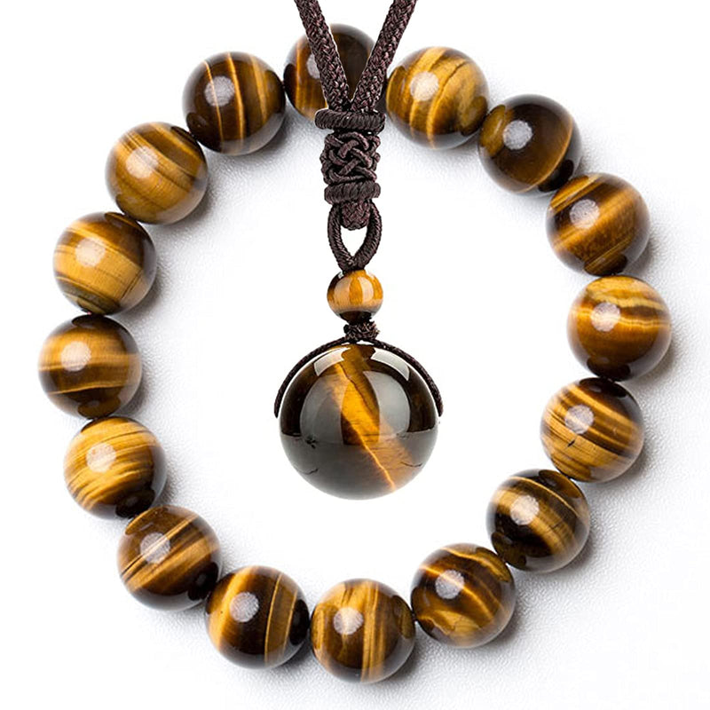 [Australia] - Healing Necklace Natural Yellow Tiger Eye Protection Chakra Beads Stone Pendant for Women Men Adjustable 