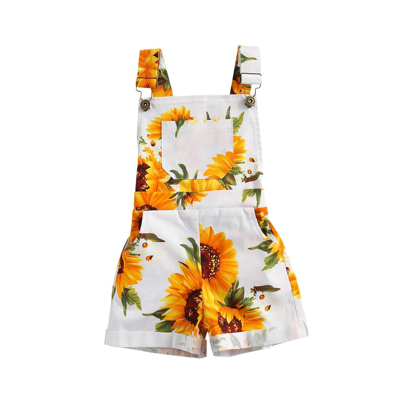 [Australia] - wdehow Toddler Baby Girl Sunflower Print Bib Overalls Backless Suspender Shorts Jumpsuits Summer Casual Romper with Pockets White 2-3T 