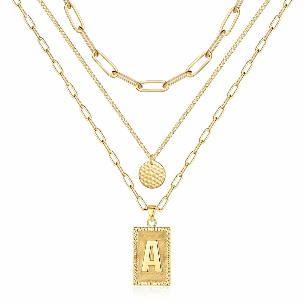 [Australia] - Yesteel Gold Layered Initial Necklaces for Women, 14k Gold Plated Dainty Square Letter Pendant Necklace Moon Disc Paperclip Chain Layering Choker Necklace for Women Girls Jewelry Gifts A 