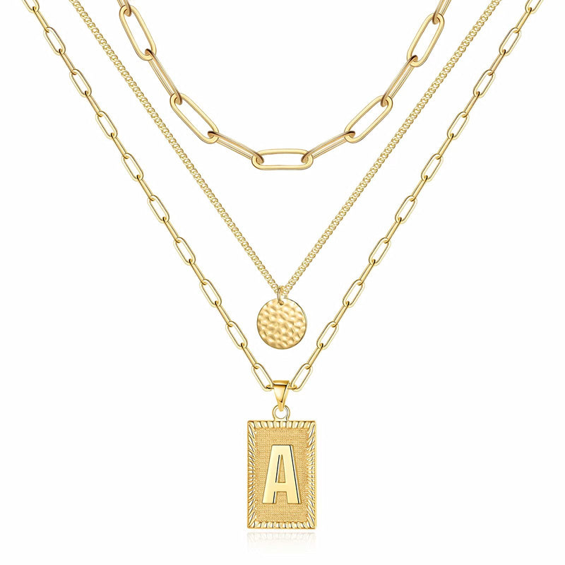 [Australia] - Yesteel Gold Layered Initial Necklaces for Women, 14k Gold Plated Dainty Square Letter Pendant Necklace Moon Disc Paperclip Chain Layering Choker Necklace for Women Girls Jewelry Gifts A 