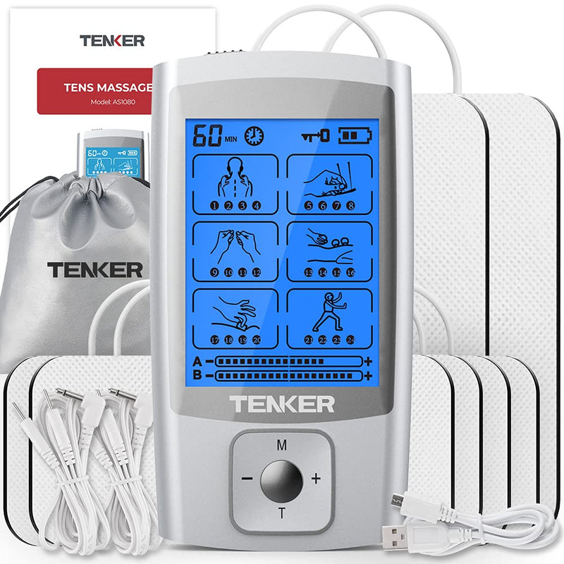 [Australia] - TENKER EMS TENS Unit Muscle Stimulator, 24 Modes Dual Channel Electronic Pulse Massager for Pain Relief/Management & Muscle Strength Rechargeable TENS Machine with 8 Pcs Electrode Pads 