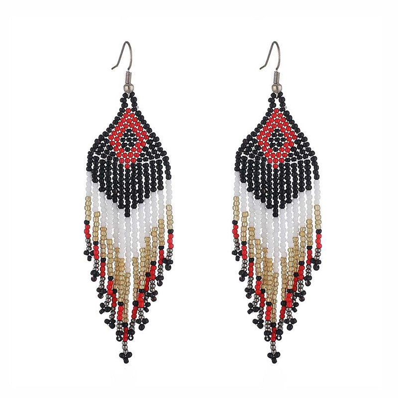 [Australia] - Long Beaded Tassel Earrings – Bohemian Native Handmade Seed Bead Tassel Earrings for Women Girls Black 