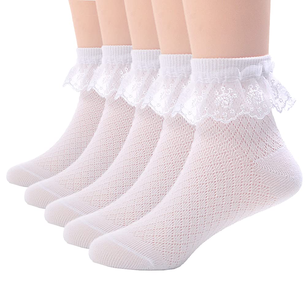 [Australia] - 5 Pair Baby Girls Eyelet Ruffle Cotton Lace Socks White Princess Dress Socks For Toddler Kids Child 1-13 Years 1-2T 