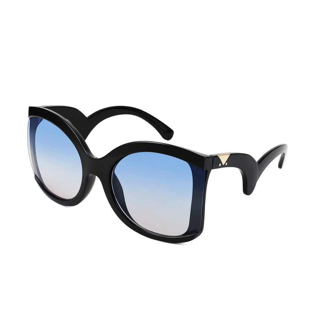 [Australia] - FEISEDY Oversized Square Butterfly Sunglasses Curved Curly Arm Frame Women's Fashion Shades B4035 Black Frame/Blue Yellow Lens 60 Millimeters 