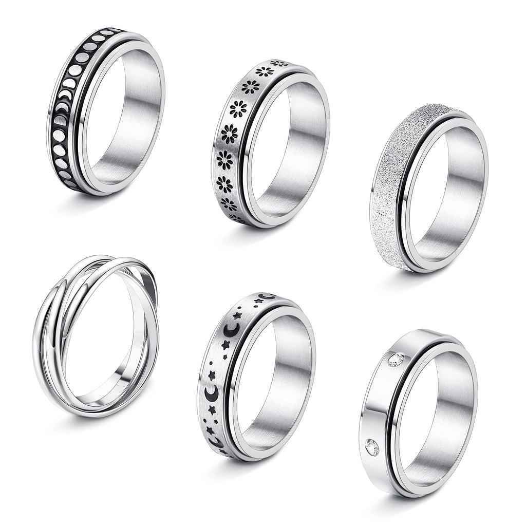 [Australia] - FINREZIO 6Pcs Stainless Steel Spinner Rings Set for Women Mens Moon Star CZ Matte Flower Triple Interlocked Rolling Stress Relieving Ring Anxiety Relief Fidget Band Rings 5 