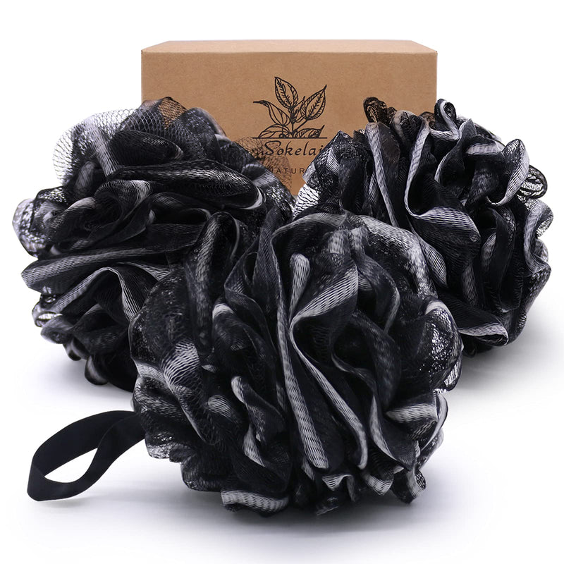 [Australia] - Shower Loofah Sponge Bath puff Large 75g XL for Women Men Kids Soft Mesh Pouf Body Scrubber Gentle Exfoliating shower Ball Buff Luffa with Bamboo Charcoal for Silky and Smooth Skin Cleansing 3pack black 