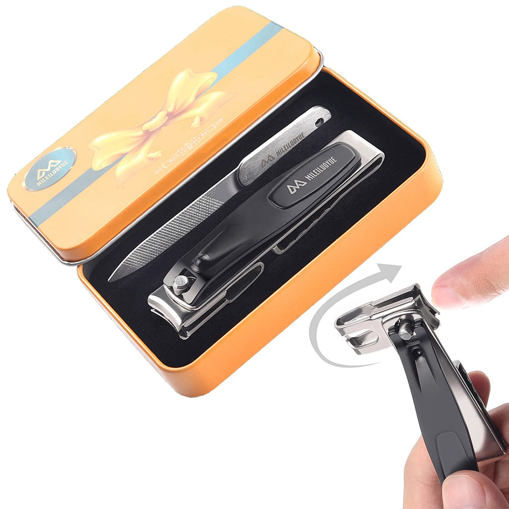 [Australia] - MILEILUOYUE Nail Clippers 2Pcs，Nail File,360°Degree Rotating Head Nail Clippers,Stainless Steel Sharp Pedicure,Large Nail Clippers Swivel Head For Thick Nails,Metal Tin Box For Suitable For Gifts 2 black and silver 