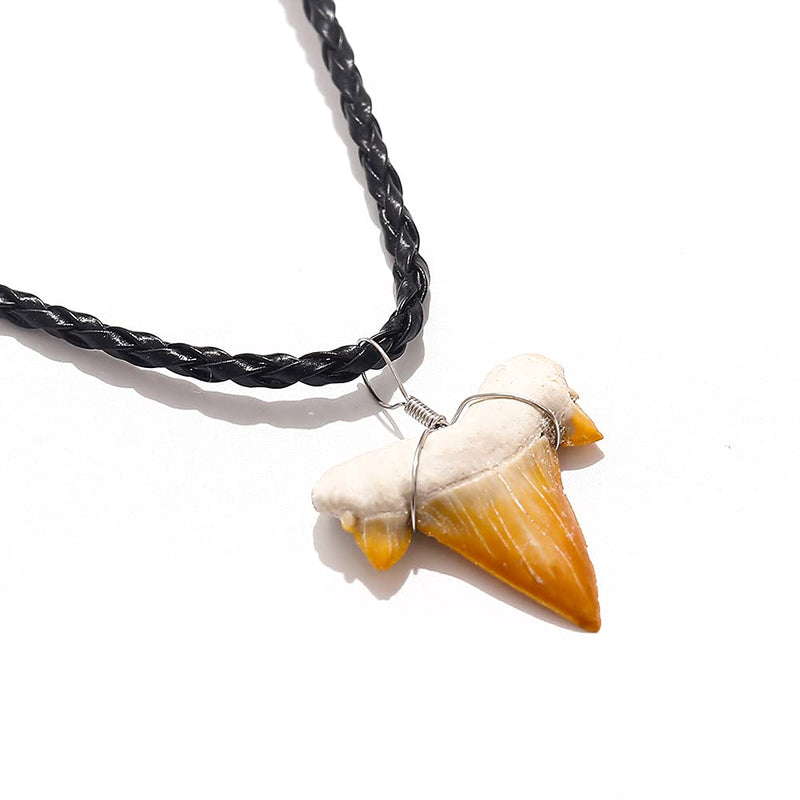 [Australia] - Fossilized Shark Tooth Necklace, Morocco Authentic Fossilized Prehistoric Shark Teeth on 20" Inch Braided Leather Cord, Hawaiian Beach Surfer Pendant, Great Gift for Men and Boys #1- approx 2.5cm 