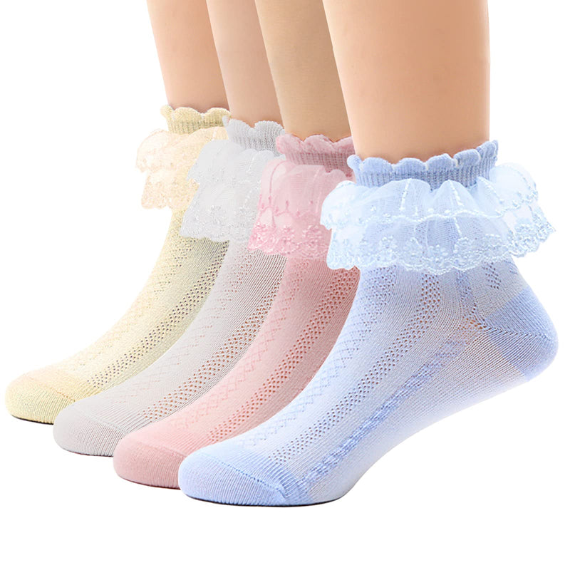 [Australia] - 4 Pairs Baby Toddler Girls Ruffle Socks White Princess Cotton Cute Lace Frilly Dress Socks for Little/Big Kids Multicolor 1-3T 