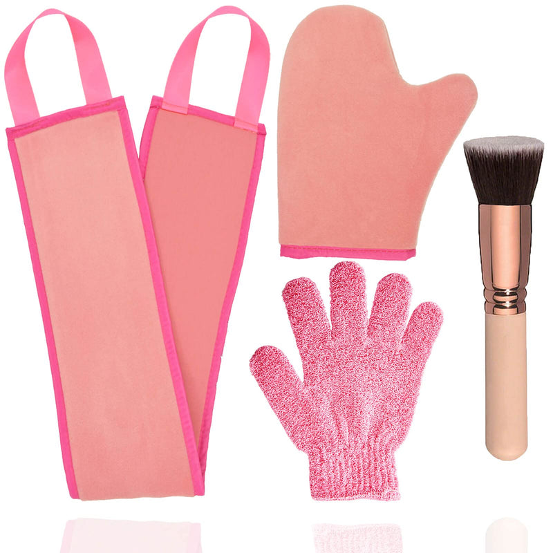 [Australia] - 4Pack Self Tanning Mitt Applicator Kit Set, with Self Tanner Mitt, Lotion Applicator for Back, Exfoliating Glove, Face Brush for Fake Bake Sunless Tan (Pink) Pink 