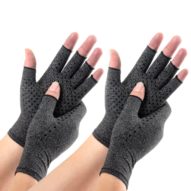 [Australia] - HENOTIC 2 Pairs Arthritis Compression Gloves for Women Men, Anti-Slip Glue Dot & Fingerless Breathable & Moisture Wicking Compression Gloves for Relieving Rheumatoid Pains, Joint Swell, etc Large Two Pairs 