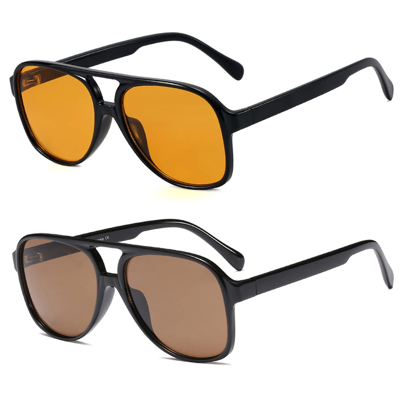[Australia] - BUTABY Vintage Aviator Sunglasses for Women Men Retro 70s Glasses Classic Large Squared Frame UV400 Protection Black Frame Yellow Lens+black Frame Brown Lens 