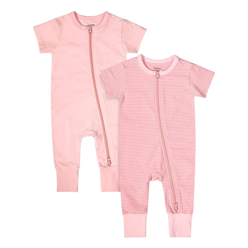 [Australia] - Teach Leanbh Baby Boys Girls 2-Pack Romper Jumpsuits Cotton 2 Way Zipper Short Sleeve Footless Sleep and Play 3-24 Months Pink 3-6 Months 