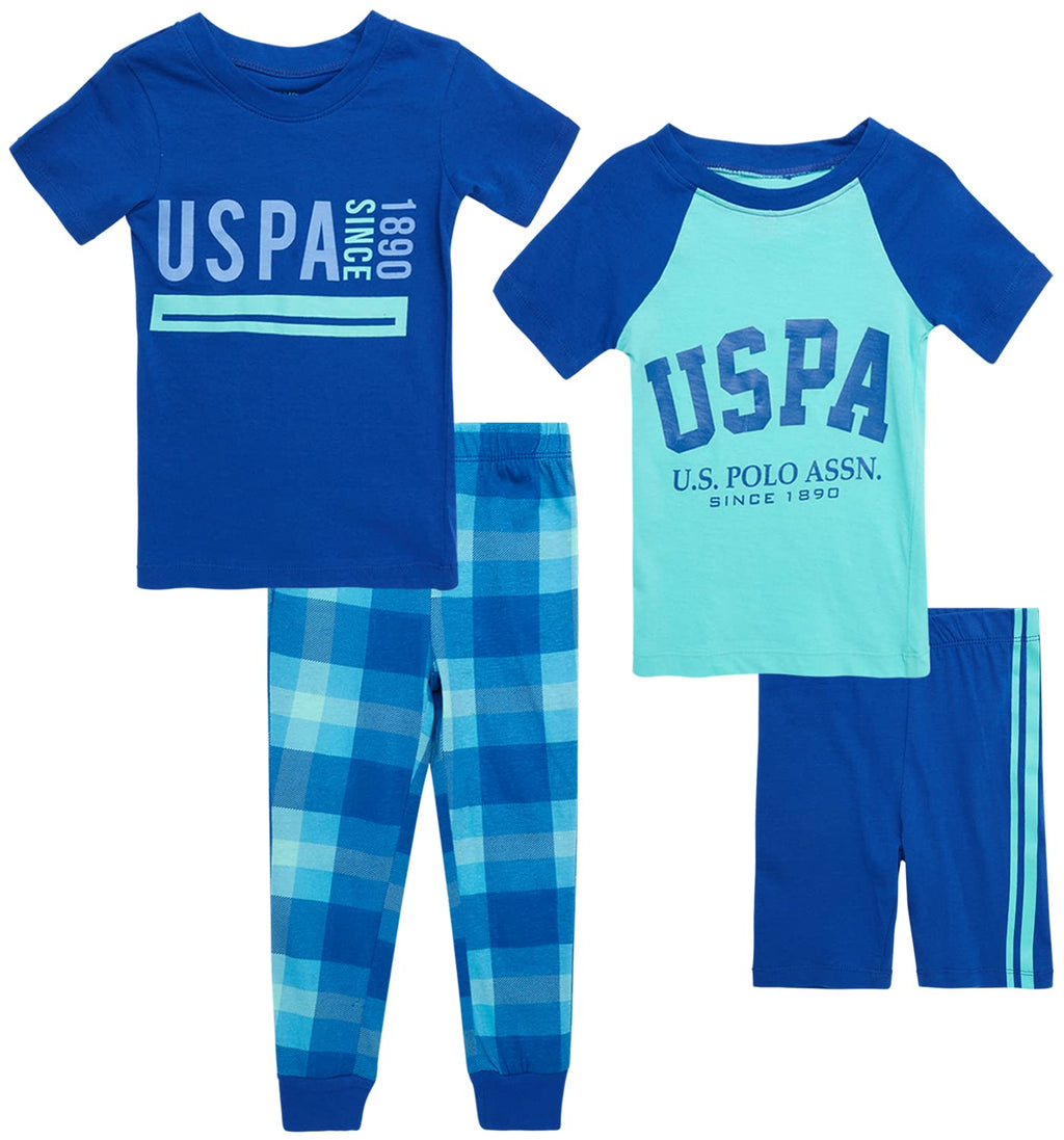 [Australia] - U.S. Polo Assn. Boys' Pajama Set - 4-Piece Multipack Sleepwear Bundle (Toddler/Little/Big Boy) Blue Plaid 2T 