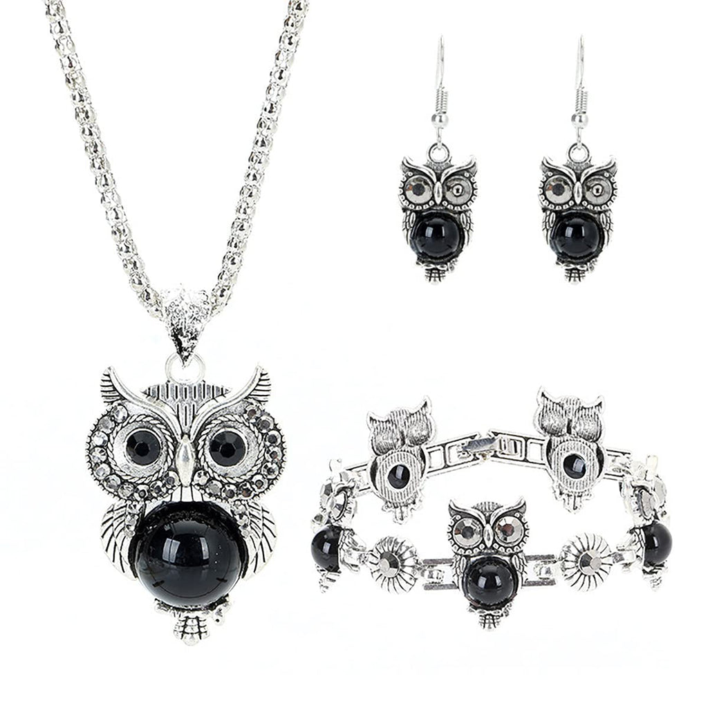 [Australia] - QIQILUXI Turquoise Owl Necklace Pendant Earring Bracelet Jewelry Set, Sweater Chain Long Necklace Set Women Jewelry (black) black 