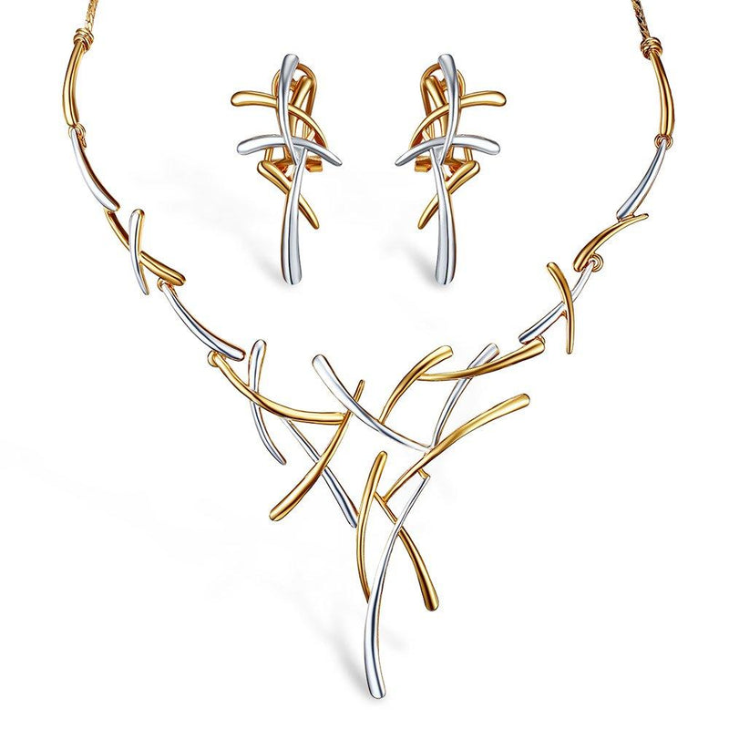 [Australia] - YEEVAA Two Tone Color Leaf Branch Cross Necklace and Earrings Jewelry Set Gift for Birthday/Anniversary Day/Party Gold&Silver 