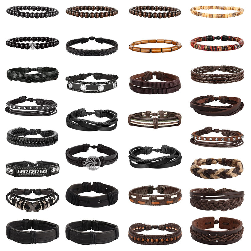 [Australia] - Florideco 30 Pcs Punk Braided Leather Bracelets for Men Women Cuff Wrap Bracelet Set Black and Brown Woven Rope Wristbands Bracelet Adjustable Hemp Cords Wood Beads Ethnic Tribal Bracelets 