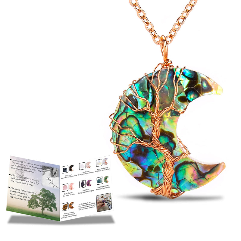 [Australia] - Farfume Crescent Moon Necklace, Tree of Life Wire Wrapped Crystal Pendant Jewelry Natural Gemstones Quartz Abalone shell rose gold plating 