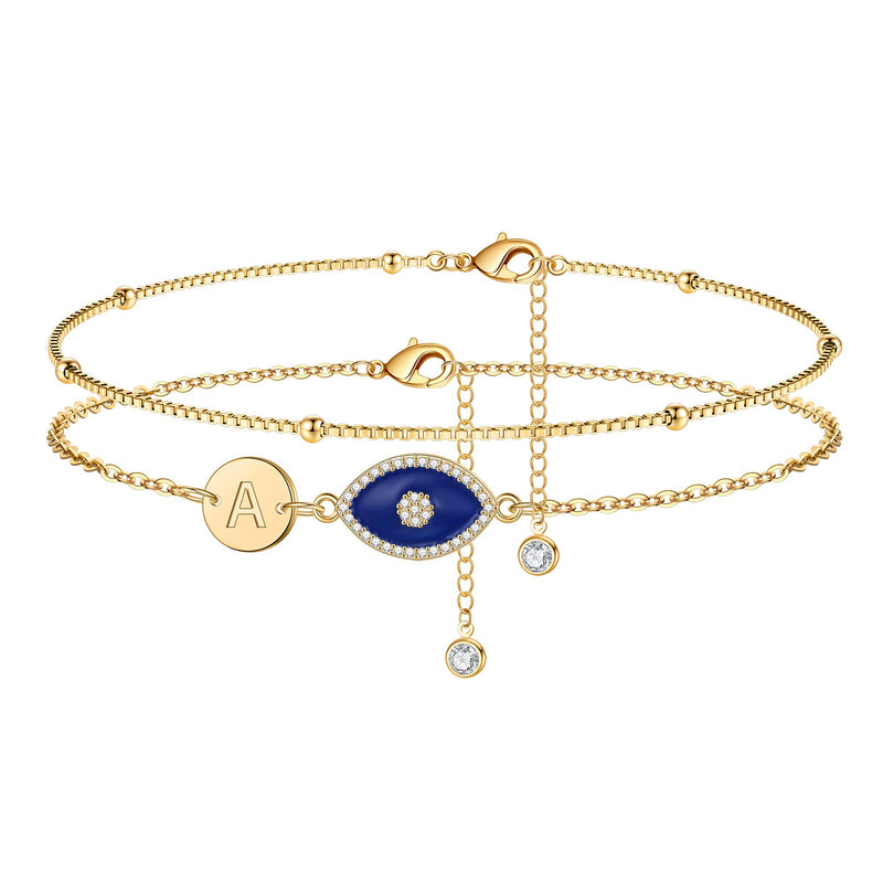 [Australia] - Gold Ankle Bracelets for Women, 14K Gold Plated Layered Initial Anklets for women Dainty Evil Eye Anklets Jewelry Gifts Summer Foot Bracelet for Women A 