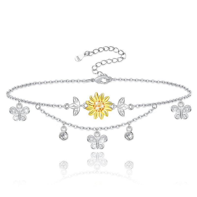 [Australia] - ATTRACTTO Sunflower Anklet for Women S925 Sterling Silver Adjustable Layered Foot Ankle Bracelet for Beach Party Birthday Mother's Day A-Butterfly Sunflower Anklet 