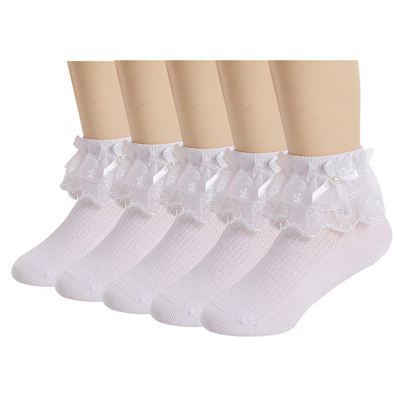 [Australia] - 5 Pairs Toddler Baby Girls White Lace Ruffle Socks with Bow Princess Dress Socks 1-3T Multicolor 
