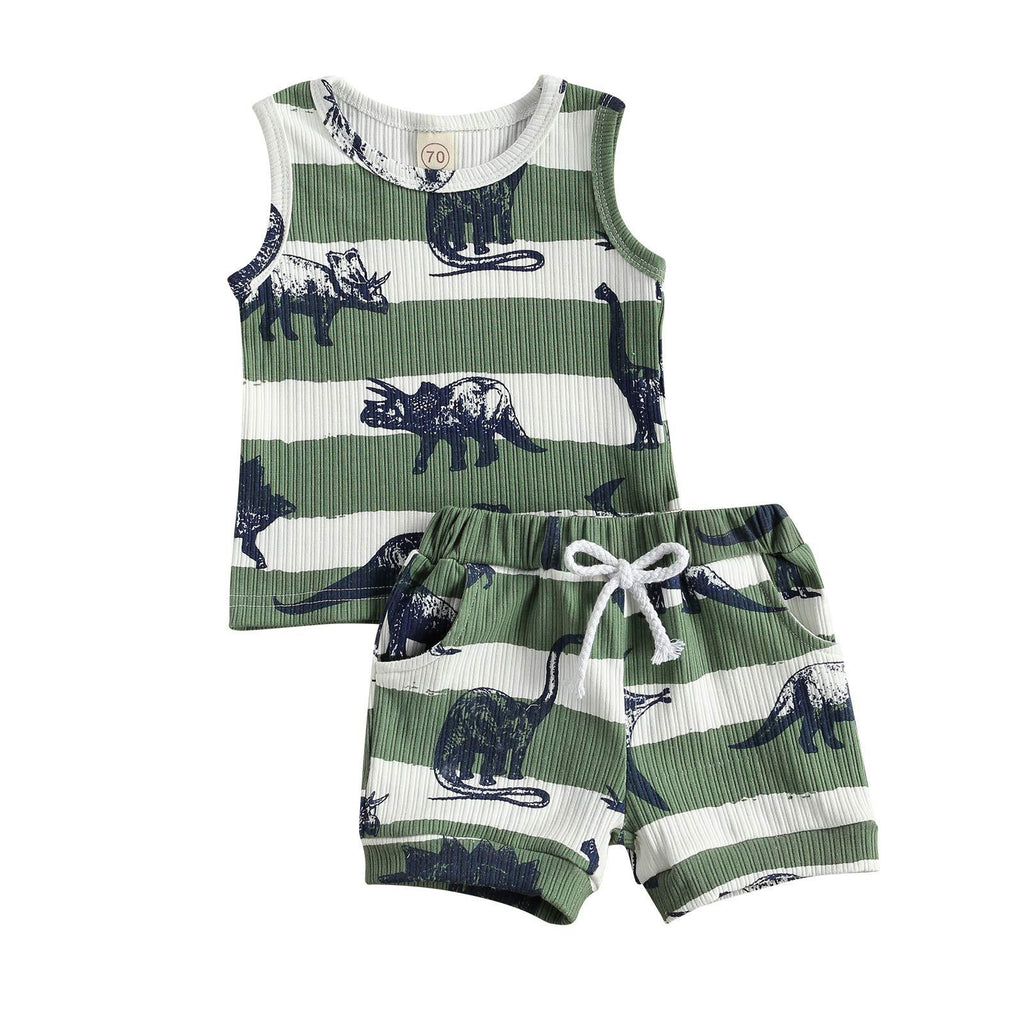 [Australia] - MoZiKQin Infant Newborn Baby Boy Summer Clothes Dinosaur Shorts Set Ribbed Tank Top T-Shirt & Shorts 2 Piece Outfits Green 0-3 Months 