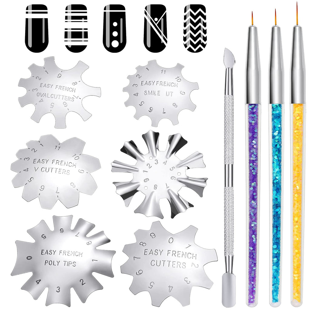 [Australia] - 6 Pieces French Smile Line Cutter Tools Stainless Steel Manicure Edge Trimmer Templates, 3 Pieces Nail Gel Polish Painting Nail Art Design Brush Pen and Stainless Steel Cuticle Remover Cutter Silver 