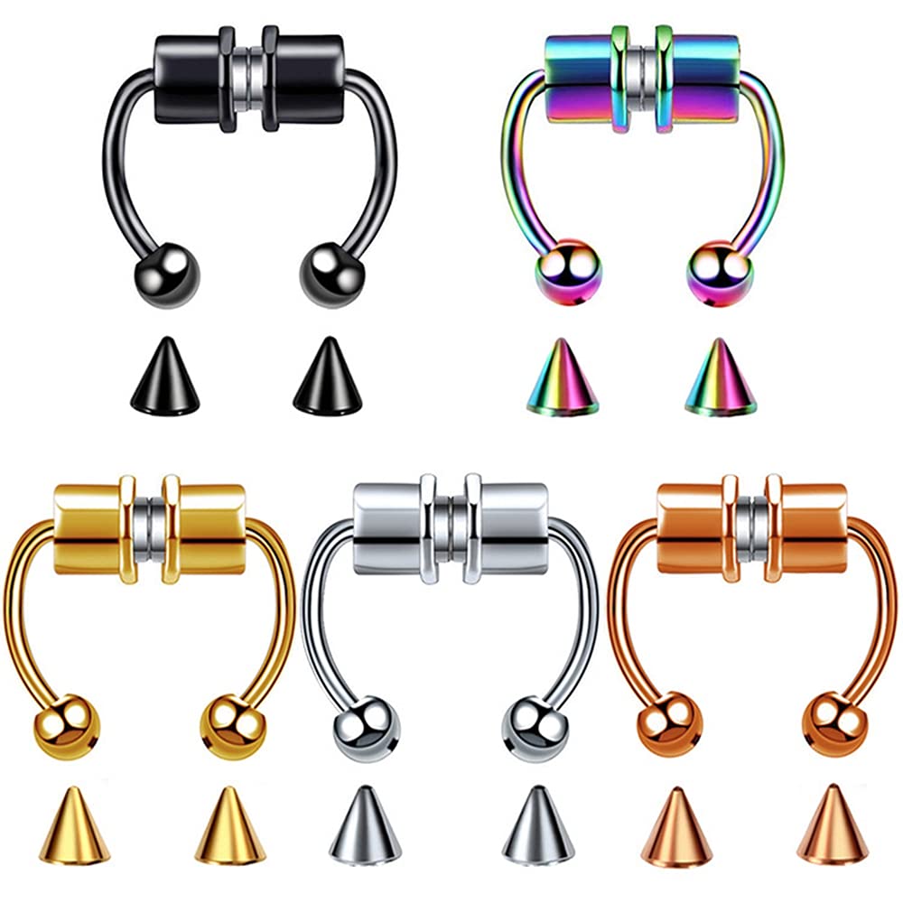 [Australia] - Magnetic Septum Fake Nose Ring 316L Stainless Steel Horseshoe Faux Fake Septum Nose Rings Non Piercing Clip On Nose Hoop Rings for Men and Women Colorful 5pcs 