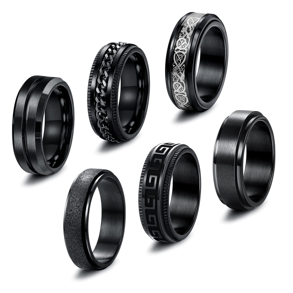 [Australia] - FIBO STEEL 6Pcs Black Spinner Rings for Men Women Fidget Rings Cool Chain Inlaid Greek Key Rings Stainless Steel Stress Relieving 8mm Wide Wedding Promise Band Rings Set Size 6-13 