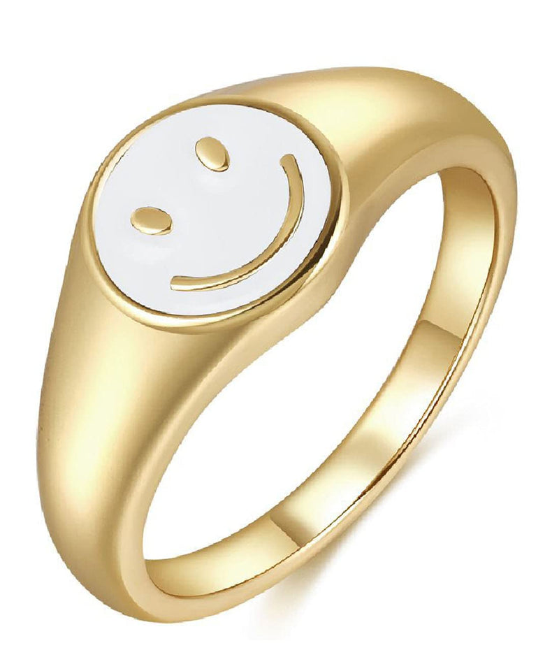 [Australia] - Smiley Face Ring Signet Asthetic Cool Dainty Statement Rings for Women Girls GOLD+White 6 