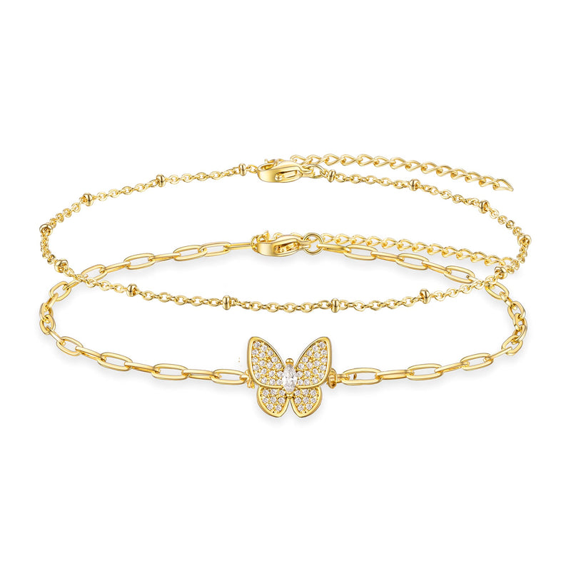 [Australia] - Tarsus 14K Gold Plated Butterfly Layered Bracelet / Anklets Adjuatable Jewelry Gifts for Women Girls Anklets - Gold 