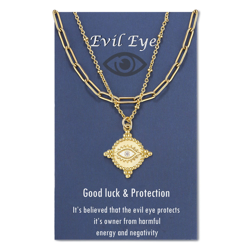 [Australia] - Tarsus 14K Gold Moon Star Evil Eye Pendant Necklace Medallion Paper Clip Chian Choker Layering Jewelry for Women Girls Evil Eye A 