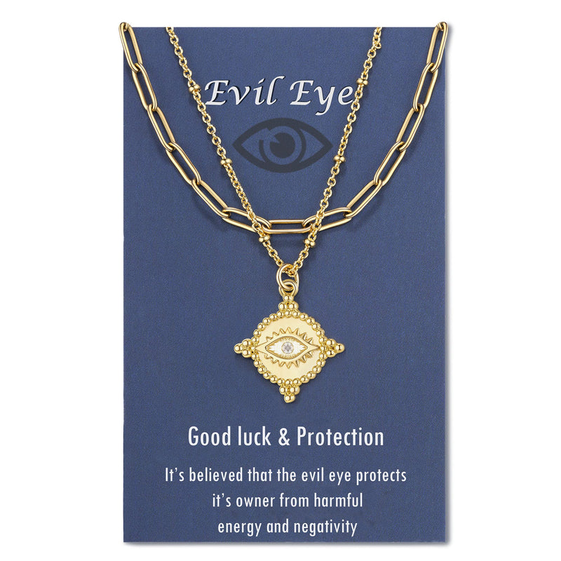 [Australia] - Tarsus 14K Gold Moon Star Evil Eye Pendant Necklace Medallion Paper Clip Chian Choker Layering Jewelry for Women Girls Evil Eye A 