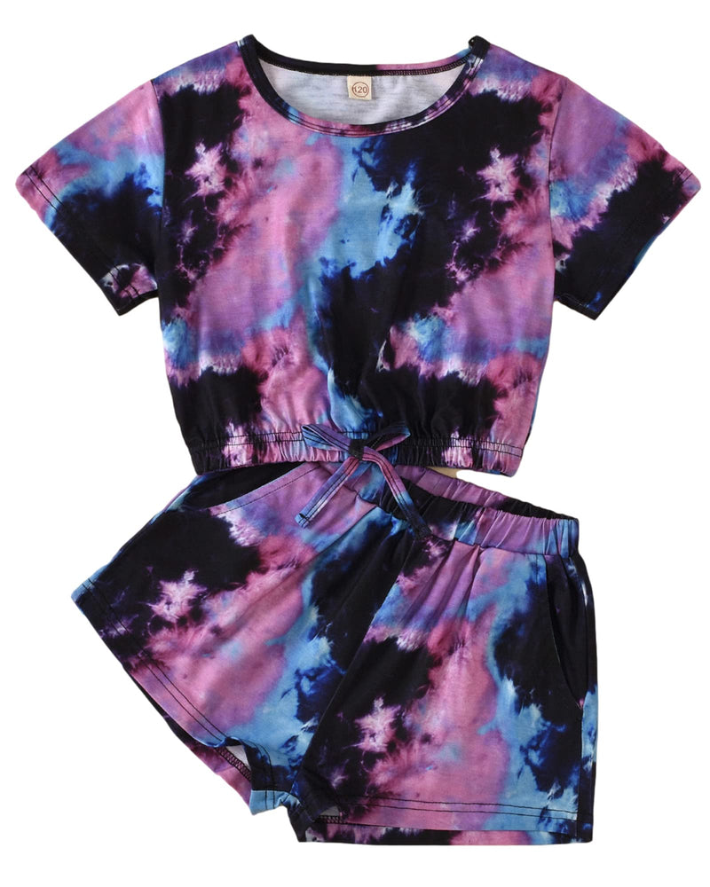 [Australia] - Little Girls Summer Outfit Set Tie-Dye Round Collar Short Sleeve Top T-Shirt+Elastic Drawstring Shorts 2Pcs Set Clothes A-purple 4-5T 