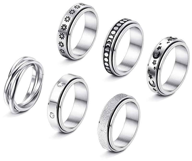 [Australia] - Sinselect 6Pcs Spinner Rings for Women Stainless Steel Fidget Band Rings Flower Moon Star Cool Rings Stress Relieving Wedding Promise Rings Set 6 